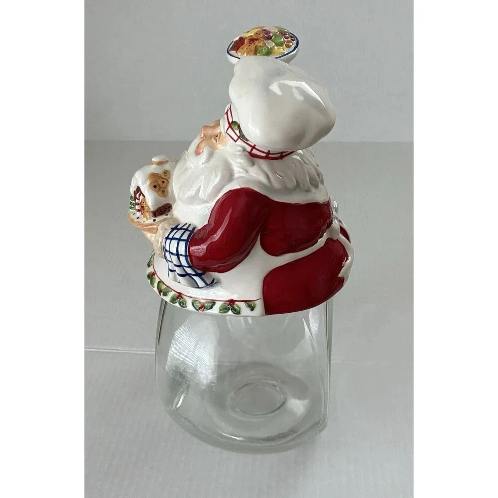Santa Claus Cookie Jar With Clear Glass Base And Ceramic Santa On Top 12” Tall